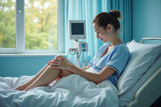 Femme en pyjama d'hôpital assise dans son lit