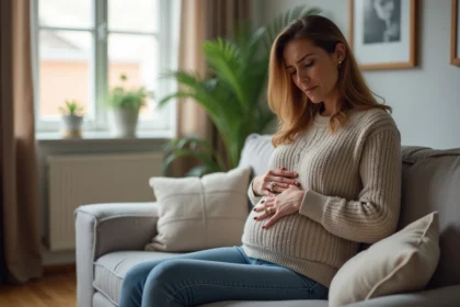 Femme préoccupée assise sur un canapé dans un salon