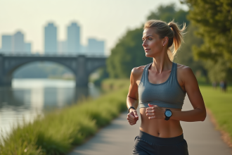 Femme en jogging regardant sa montre connectee en plein air