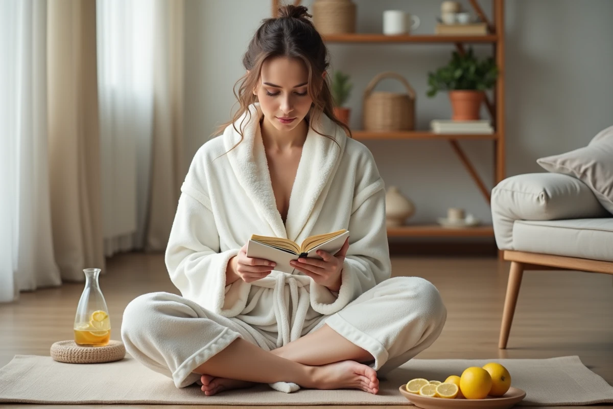 Femme en peignoir notant son protocole de détox et récupération après les fêtes avec eau infusée et fruits frais