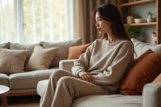 Femme à l'air songeur assise sur un canapé avec un langage corporel fermé, illustrant un manque de bien-être dans sa relation intime