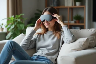 Femme détendue portant un masque migraine dans un salon cosy