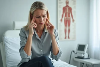 Femme souffrant de maux de tête et vertiges lors d'une consultation médicale en cabinet