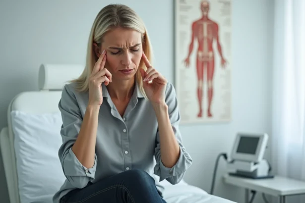 Femme souffrant de maux de tête et vertiges lors d'une consultation médicale en cabinet