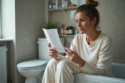 Femme d'âge moyen avec pilulier dans la salle de bain