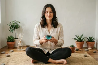 Femme tenant un cristal d'amazonite brut lors d'une séance de méditation pour renforcer ses intentions positives