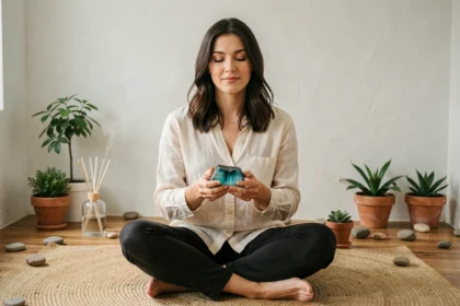 Femme tenant un cristal d'amazonite brut lors d'une séance de méditation pour renforcer ses intentions positives