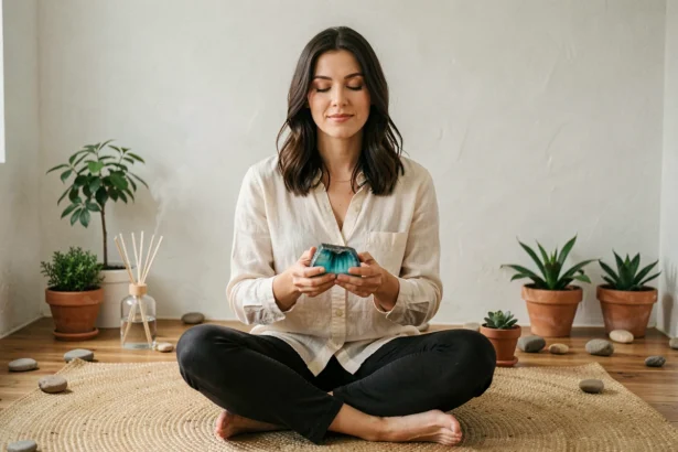 Femme tenant un cristal d'amazonite brut lors d'une séance de méditation pour renforcer ses intentions positives