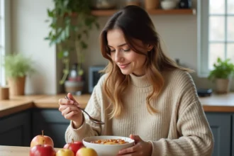 Jeune femme remuant une compote de pommes maison