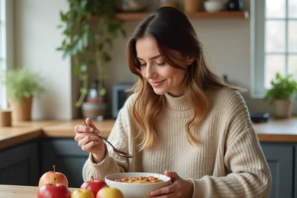 Jeune femme remuant une compote de pommes maison
