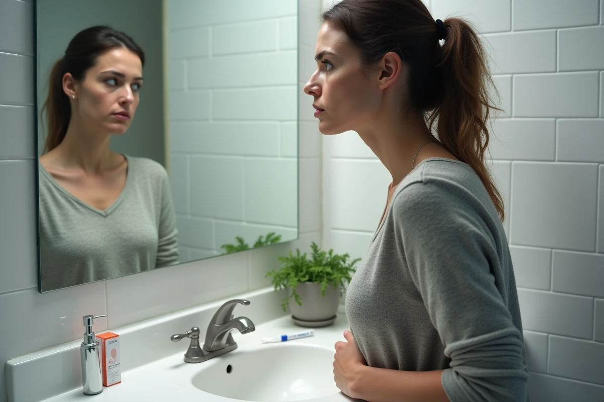 Femme regardant son reflet dans un miroir de salle de bain avec un test de grossesse négatif posé sur le lavabo