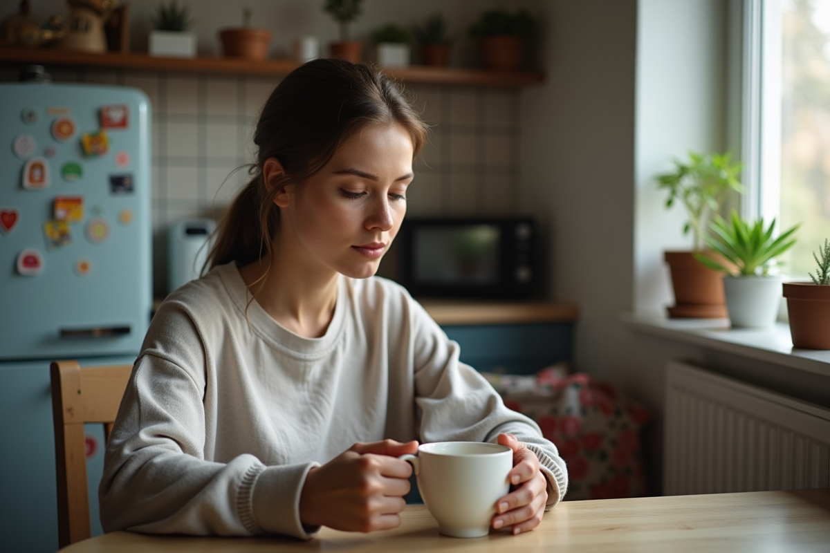 Jeune femme tenant une tasse dans une cuisine urbaine