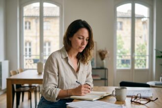 Femme en blouse linen prenant des notes dans un appartement à Aix en Provence