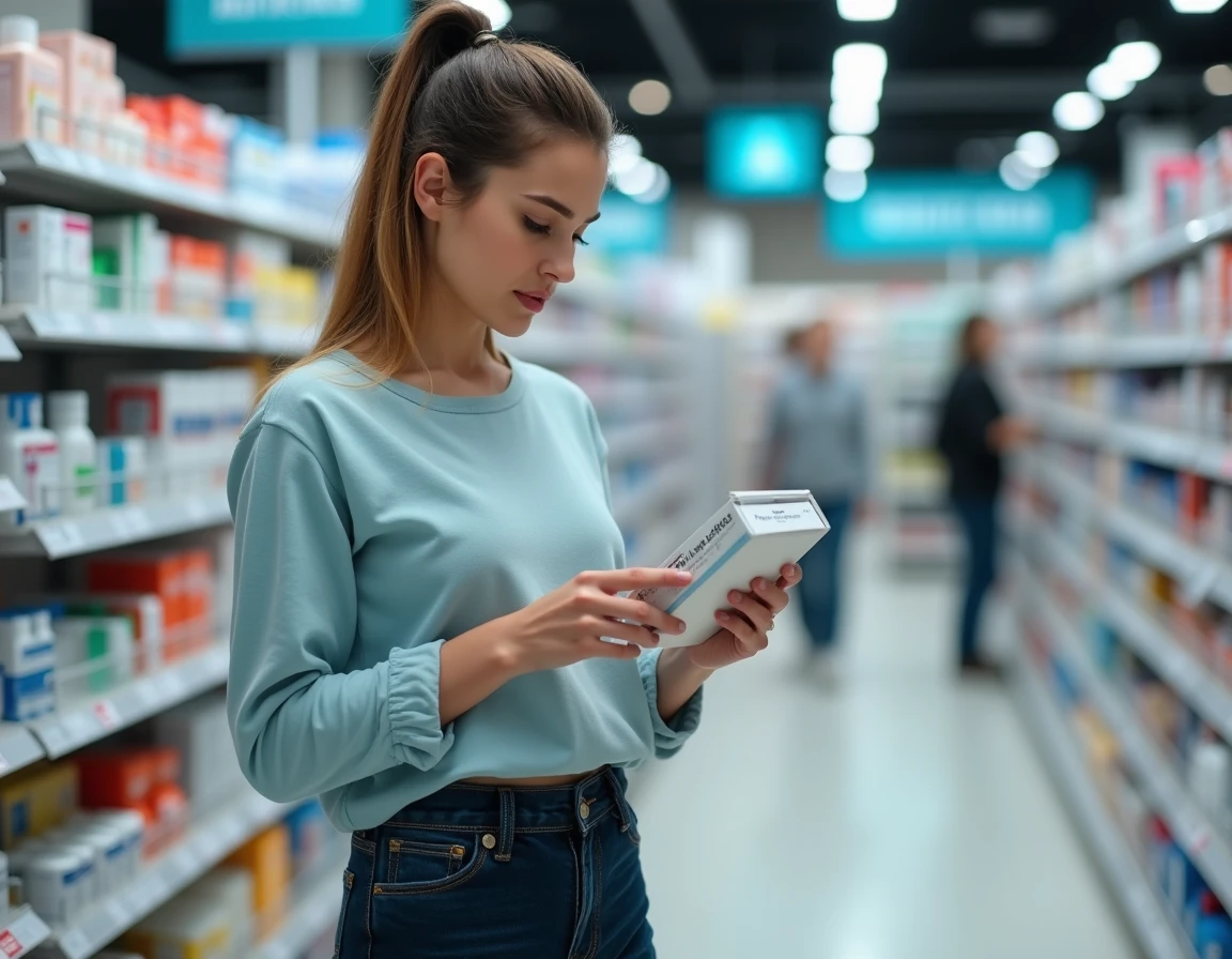 Femme consultant une boîte d'antidouleurs en pharmacie pour soulager des symptômes de kyste ovarien