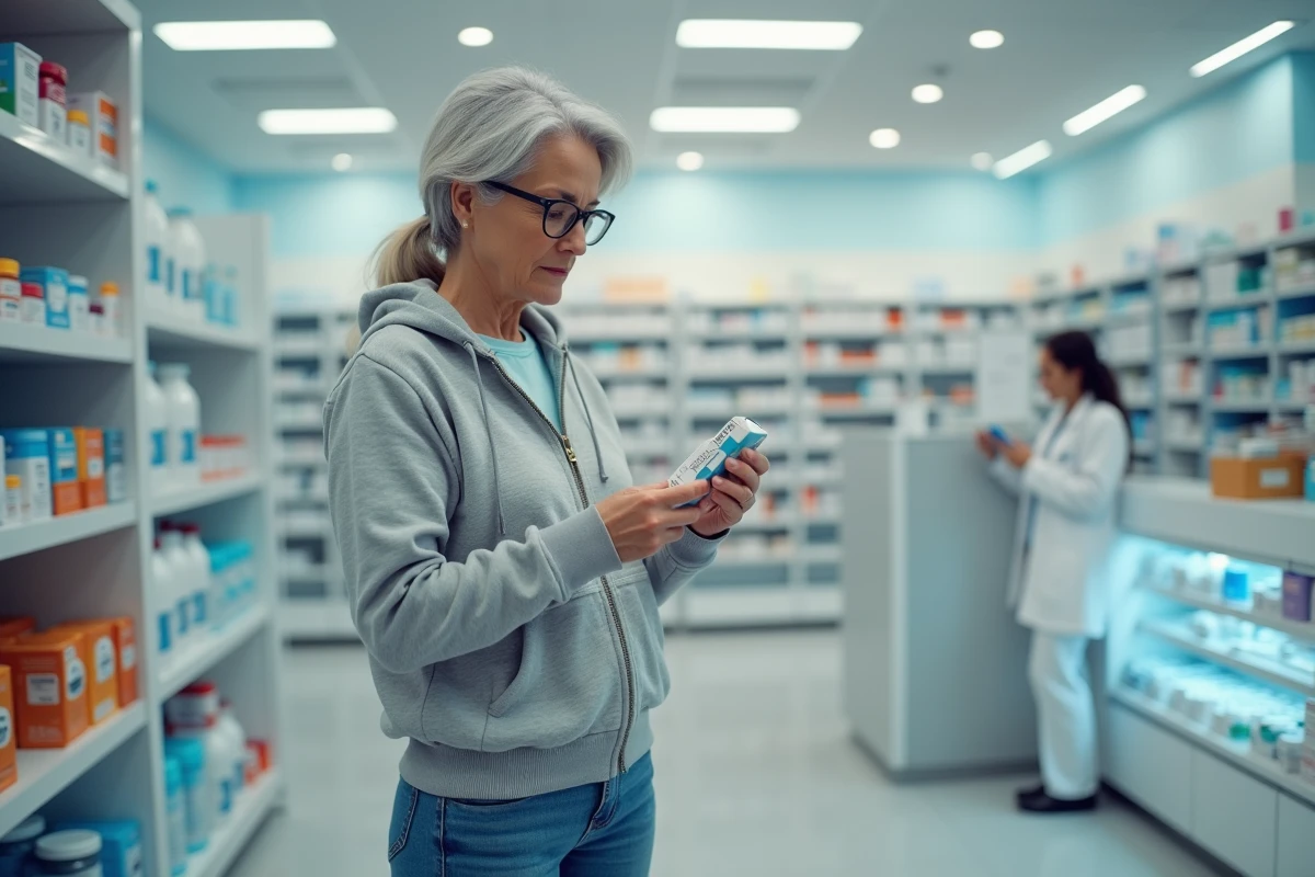 Femme lisant une notice de médicament en pharmacie, représentation de la prise en charge autonome du zona au quotidien