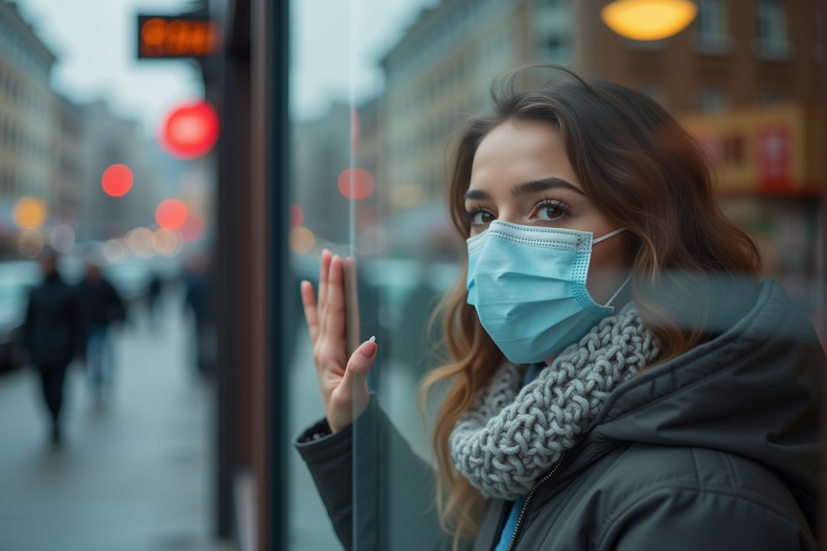 Jeune femme portant un masque dans une pharmacie urbaine