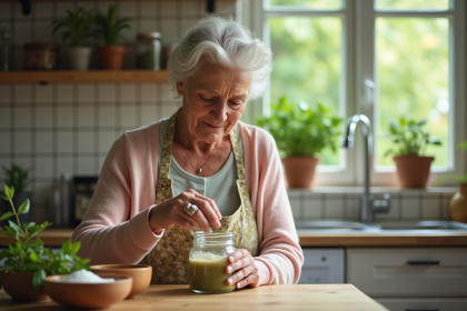 Femme âgée préparant un rinçage buccal maison dans une cuisine chaleureuse