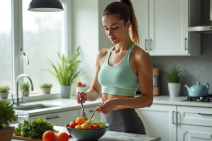 Femme préparant un repas sain et équilibré après les fêtes dans une cuisine moderne, protocole de récupération alimentaire