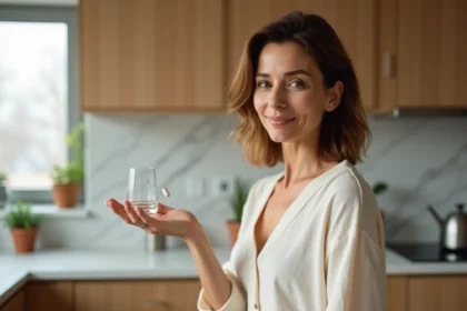 Femme tenant un probiotique Floravia Avis dans sa main dans une cuisine moderne