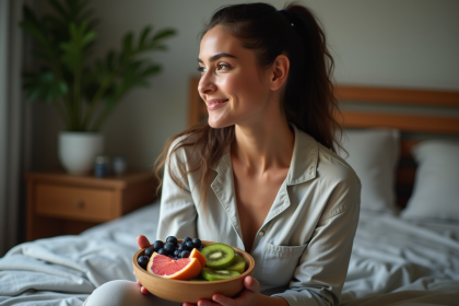 Femme en pyjama détendu avec bol de fruits frais