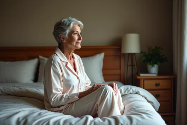 Femme en pyjamas assise sur son lit dans une chambre chaleureuse