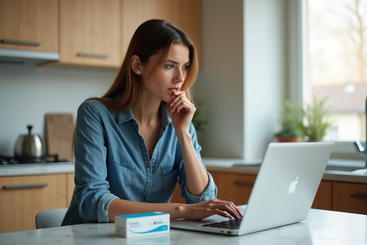 Femme cherchant des informations médicales sur un ordinateur portable concernant un retard de règles et un test de grossesse négatif