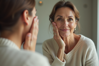 Femme d'âge moyen se regardant dans le miroir de la salle de bain