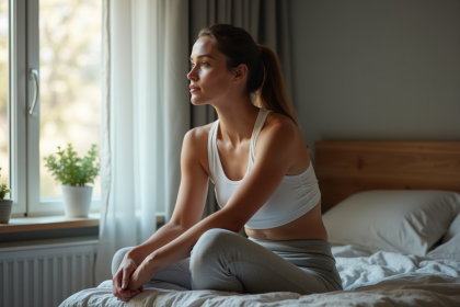 Femme en activewear regardant par la fenêtre dans une chambre cosy