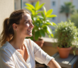 Femme détendue sur un balcon ensoleillé avec plantes vertes