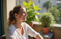 Femme détendue sur un balcon ensoleillé avec plantes vertes