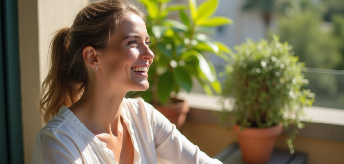 Femme détendue sur un balcon ensoleillé avec plantes vertes