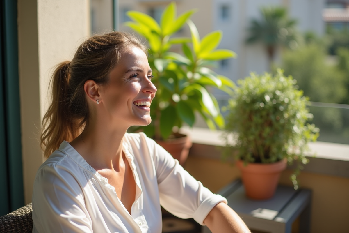 Femme détendue sur un balcon ensoleillé avec plantes vertes