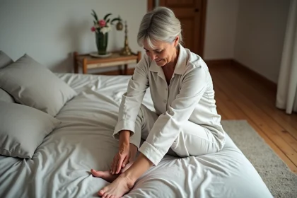 Femme d'âge moyen se massant la jambe dans un lit confortable