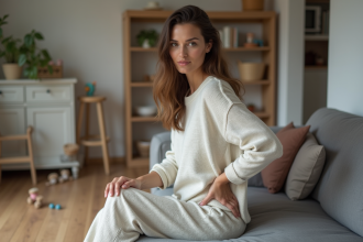 Femme assise sur un canapé dans un salon familial