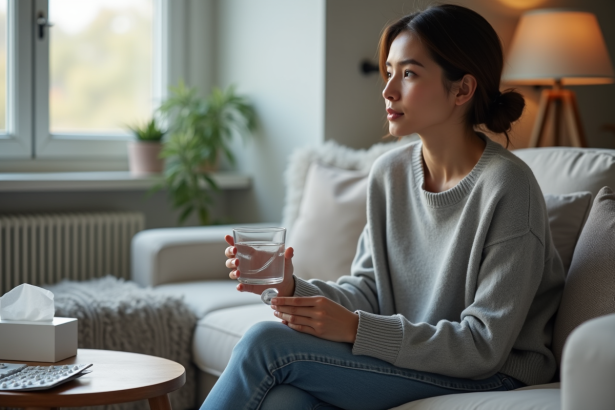 Femme assise sur un canapé avec eau et médicaments
