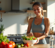 Femme souriante préparant une salade saine dans une cuisine lumineuse