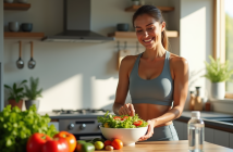 Femme souriante préparant une salade saine dans une cuisine lumineuse