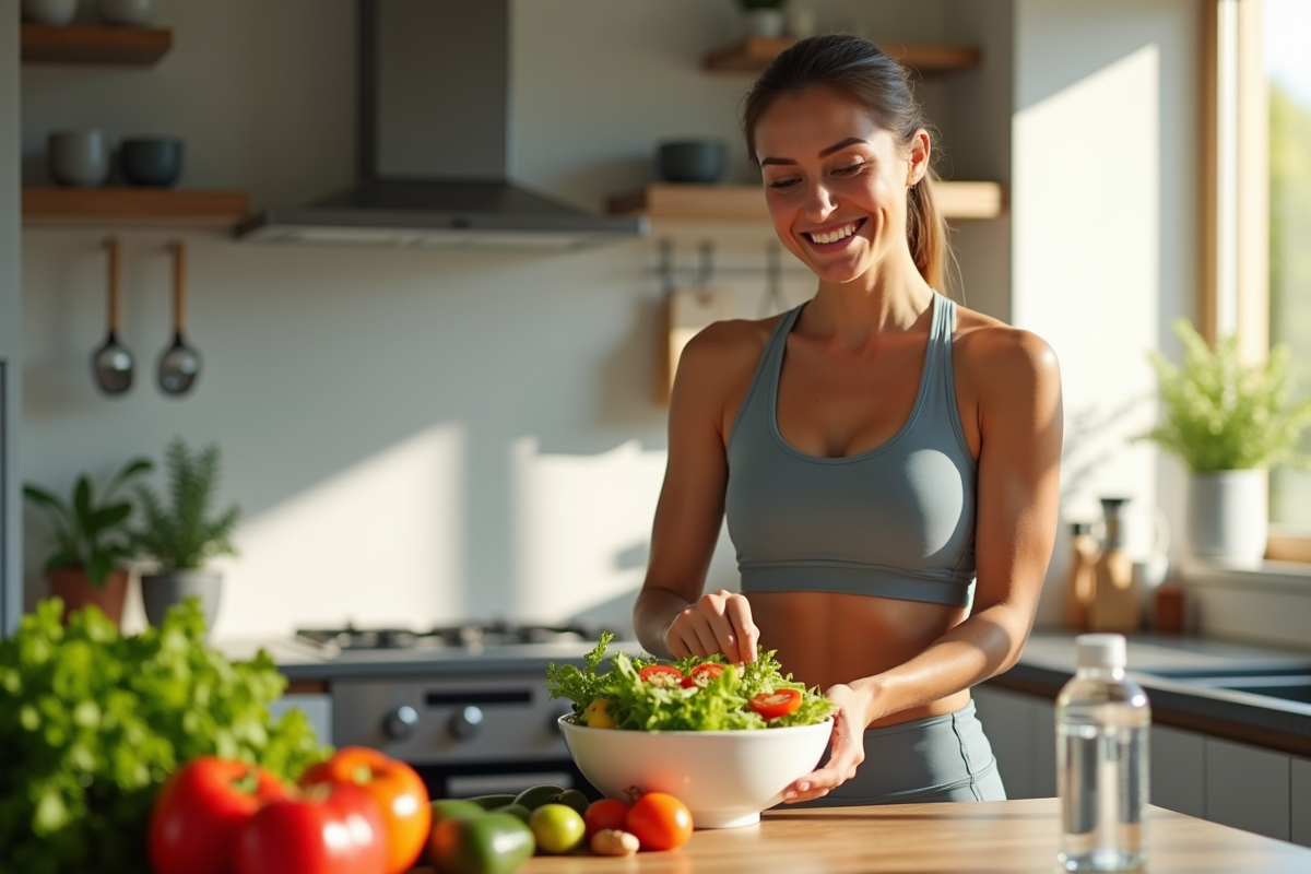 Femme souriante préparant une salade saine dans une cuisine lumineuse