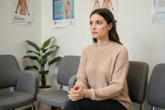 Femme en salle d'attente gynécologique réfléchissant à sa fertilité et à un polype utérin