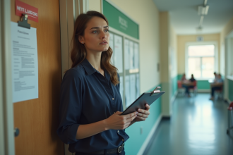 Femme réfléchie devant une porte de classe fermée