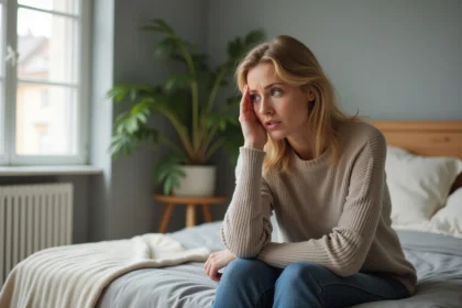 Femme assise sur le lit dans une chambre moderne