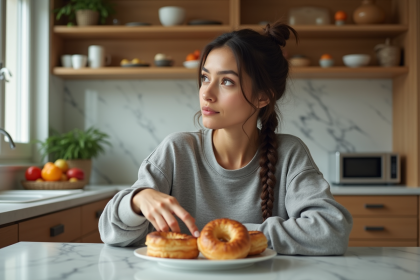 Femme en cuisine repoussant des pâtisseries saines et malsaines