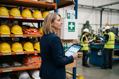 Femme en blazer bleu vérifiant une liste de sécurité sur une tablette