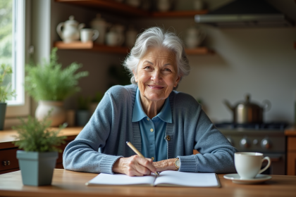 Femme senior souriante buvant une tisane dans la cuisine chaleureuse