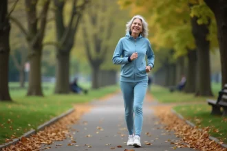Femme senior active souriante en marche dans un parc naturel