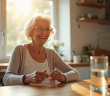 Femme senior souriante prenant une pilule au matin