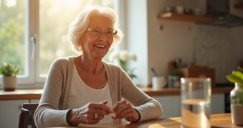 Femme senior souriante prenant une pilule au matin