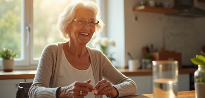 Femme senior souriante prenant une pilule au matin