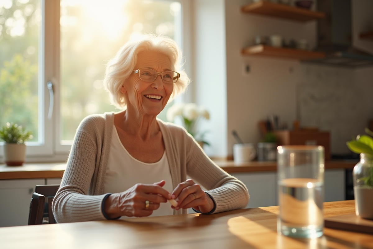 Femme senior souriante prenant une pilule au matin