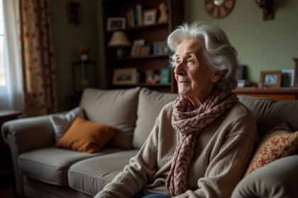 Femme âgée assise dans un salon chaleureux et intime